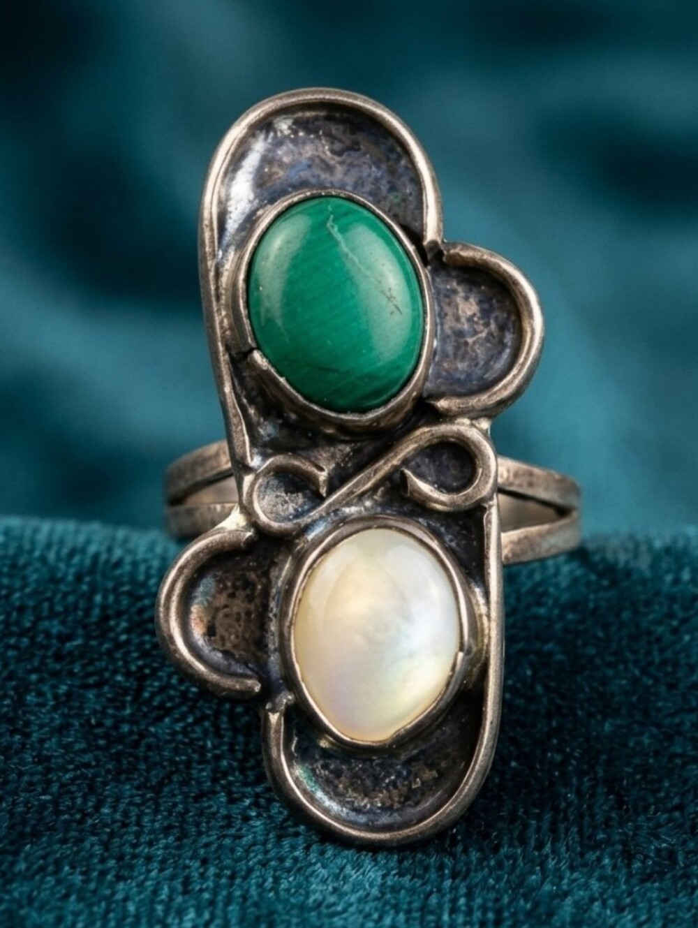 Sterling Silver Double Stone Ring with Green and Cream Cabochons Native American